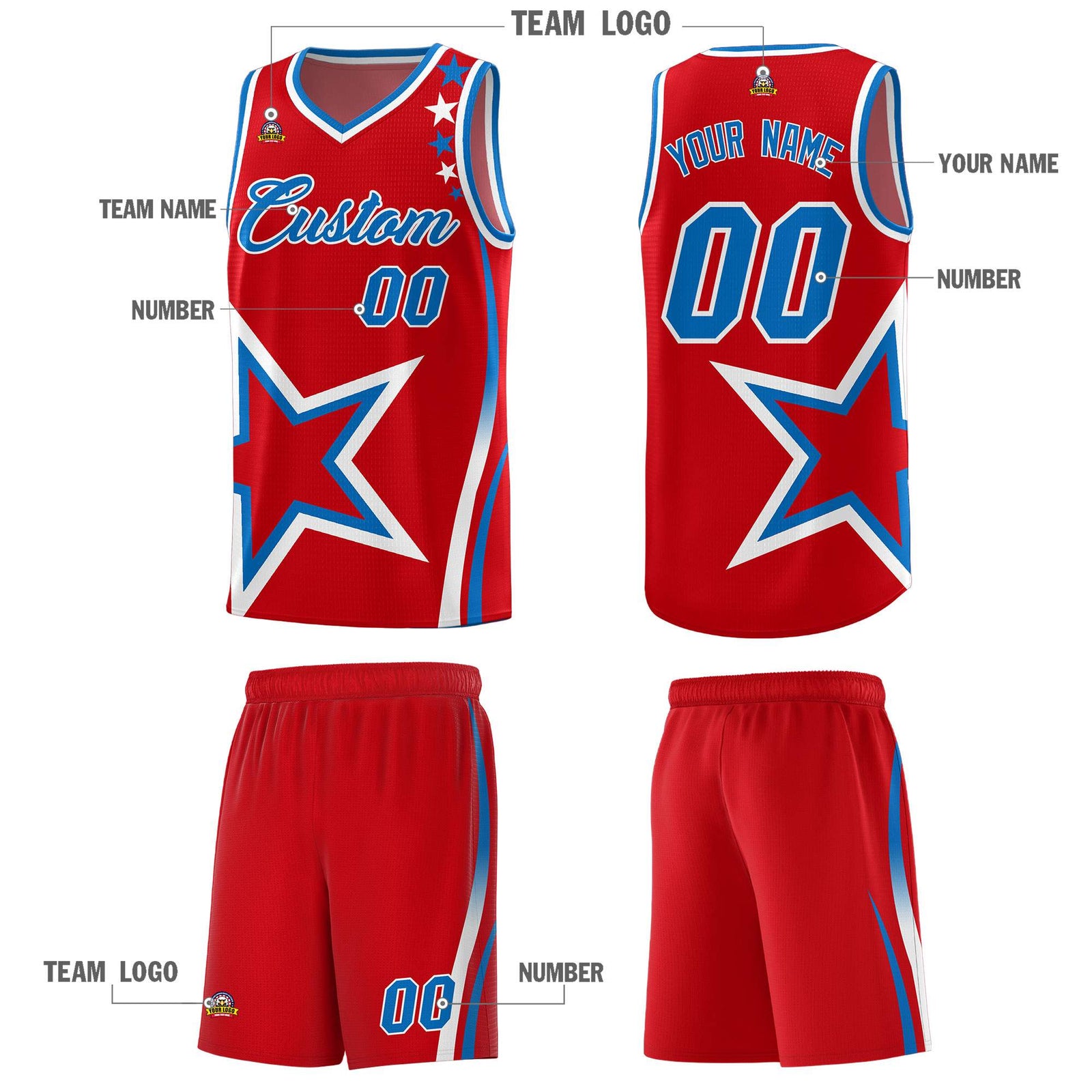 Custom Red Shoulder Stars Graffiti Pattern Sets Basketball Jersey