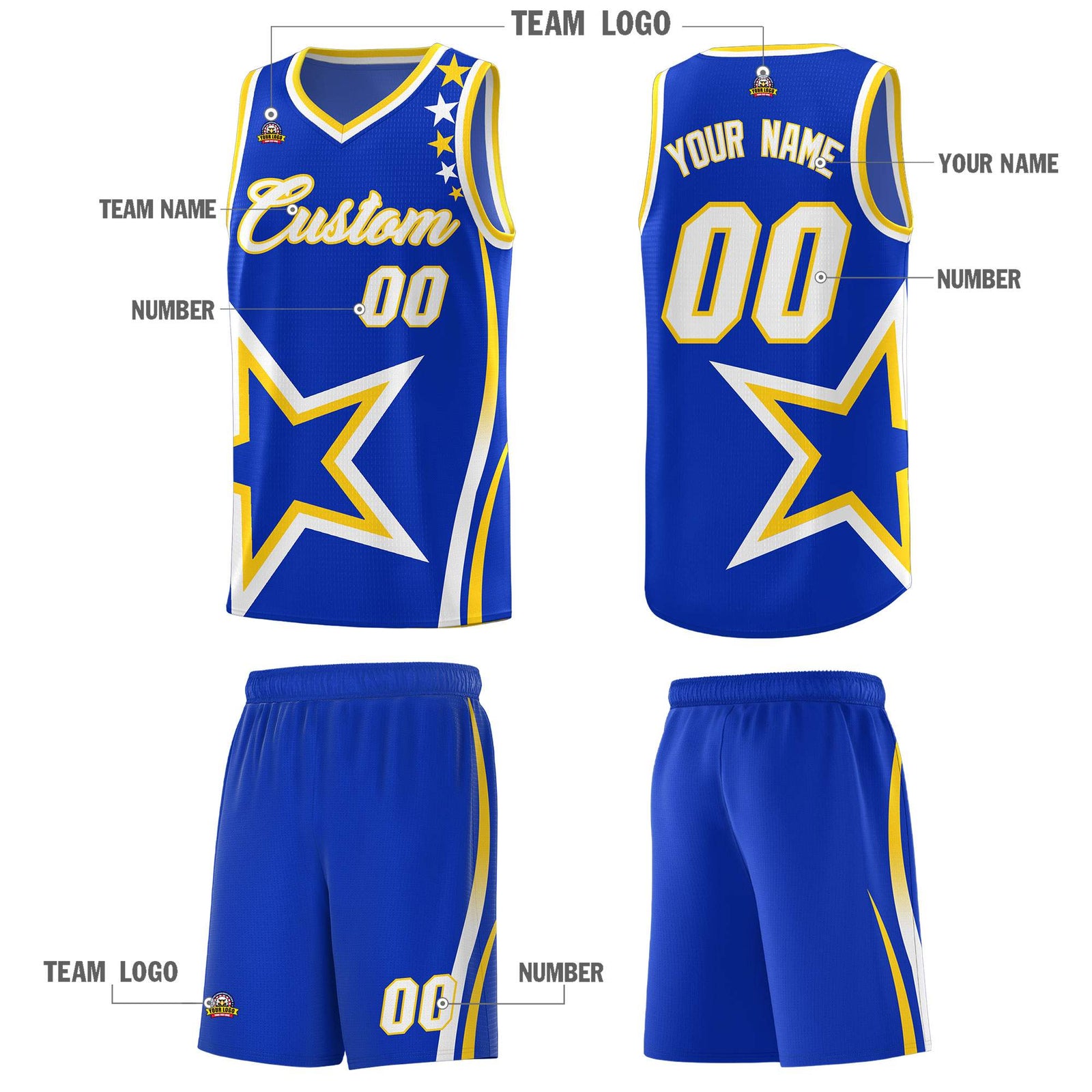 Custom Royal Shoulder Stars Graffiti Pattern Sets Basketball Jersey
