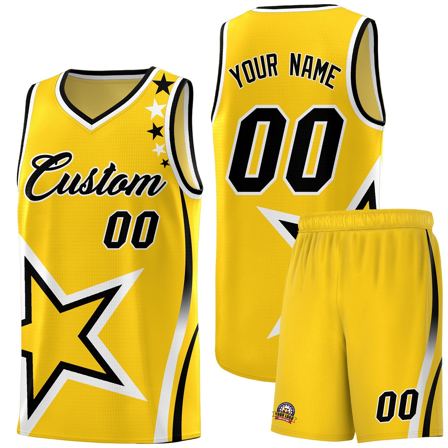 Custom Gold Shoulder Stars Graffiti Pattern Sets Basketball Jersey