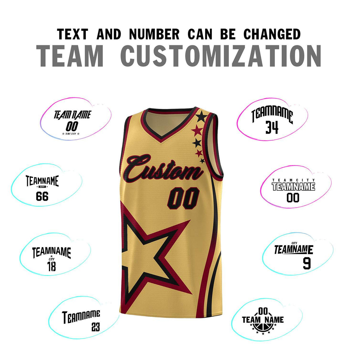 Custom Old Gold Shoulder Stars Graffiti Pattern Sets Basketball Jersey
