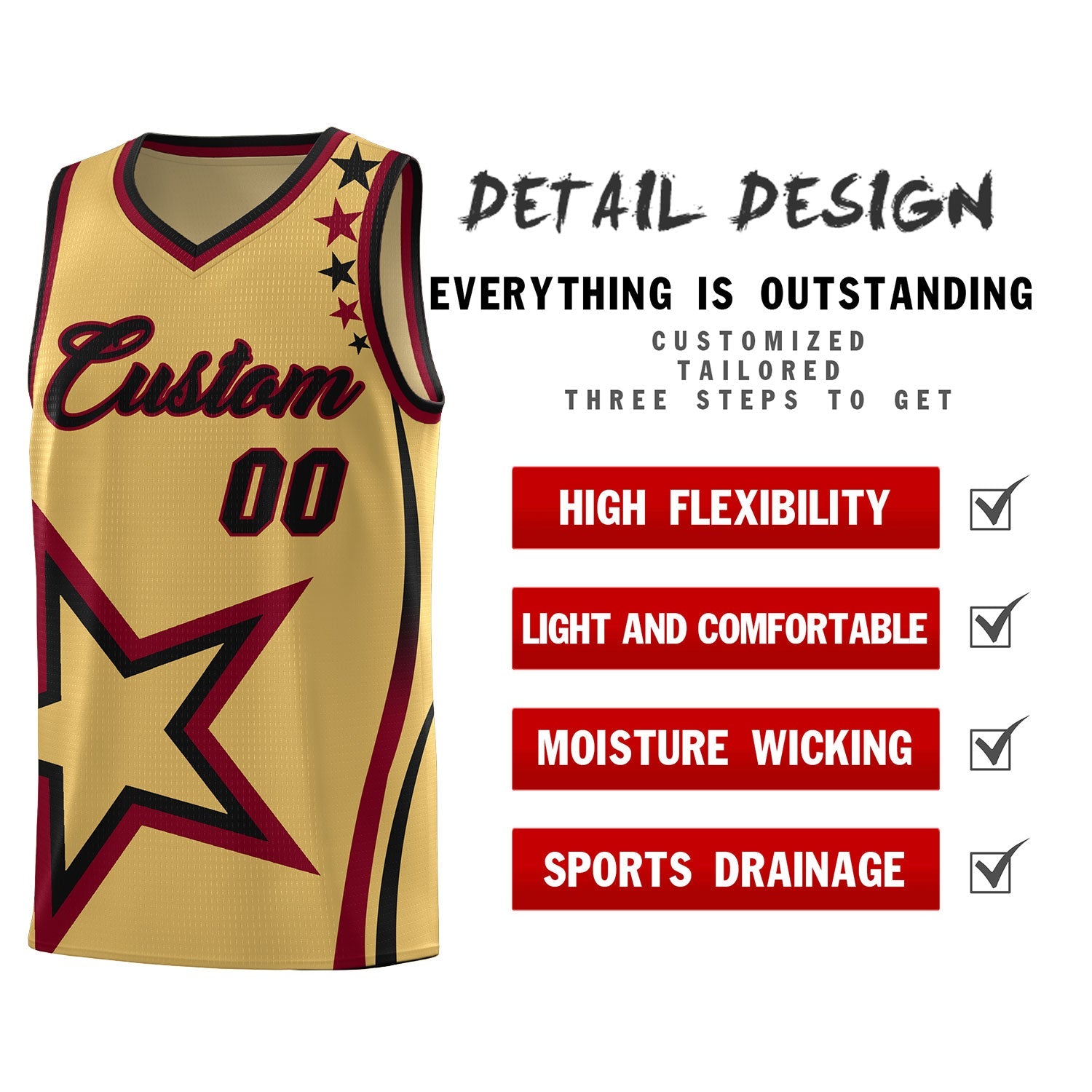 Custom Old Gold Shoulder Stars Graffiti Pattern Sets Basketball Jersey
