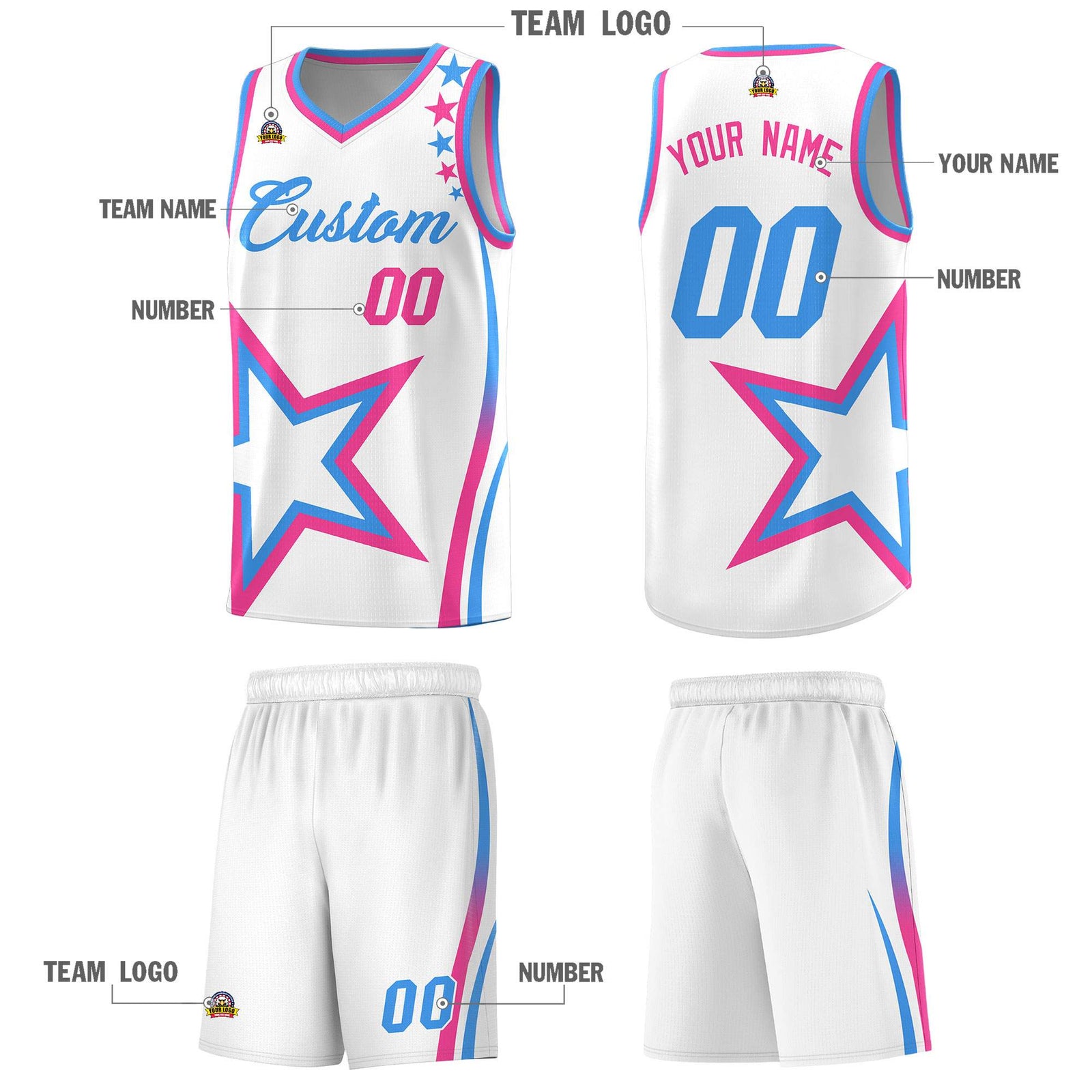 Custom White Shoulder Stars Graffiti Pattern Sets Basketball Jersey