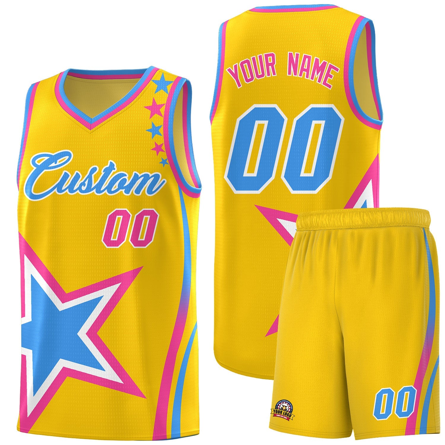 Custom Gold Shoulder Stars Graffiti Pattern Sets Basketball Jersey