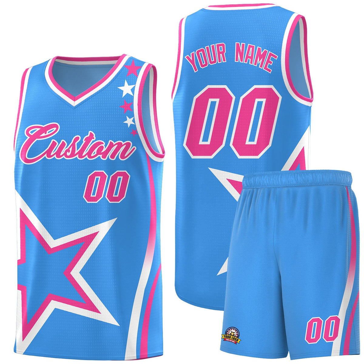 Custom Light Blue Shoulder Stars Graffiti Pattern Sets Basketball Jersey
