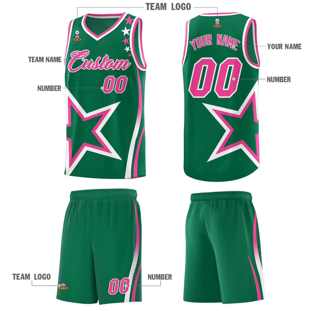 Custom Kelly Green Shoulder Stars Graffiti Pattern Sets Basketball Jersey