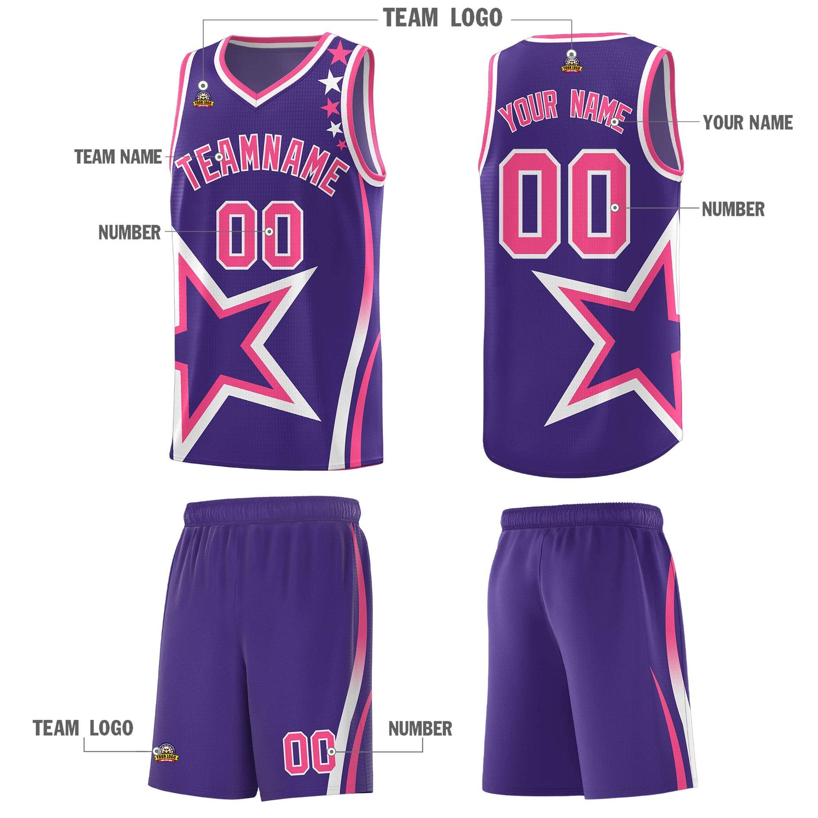 Custom Purple Shoulder Stars Graffiti Pattern Sets Basketball Jersey