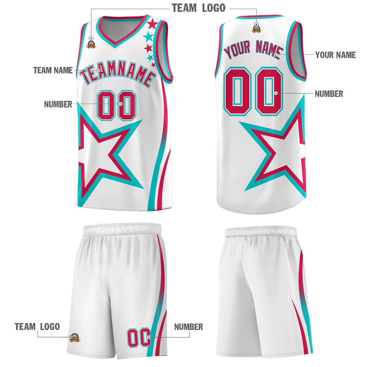 Custom White Shoulder Stars Graffiti Pattern Sets Basketball Jersey