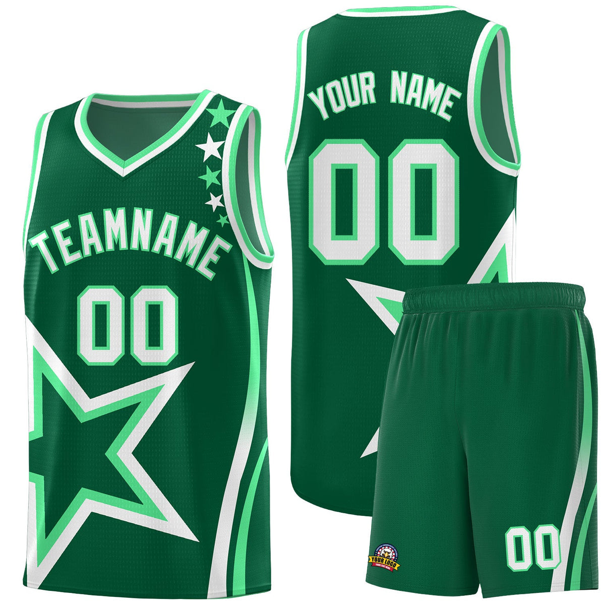 Custom Green Shoulder Stars Graffiti Pattern Sets Basketball Jersey