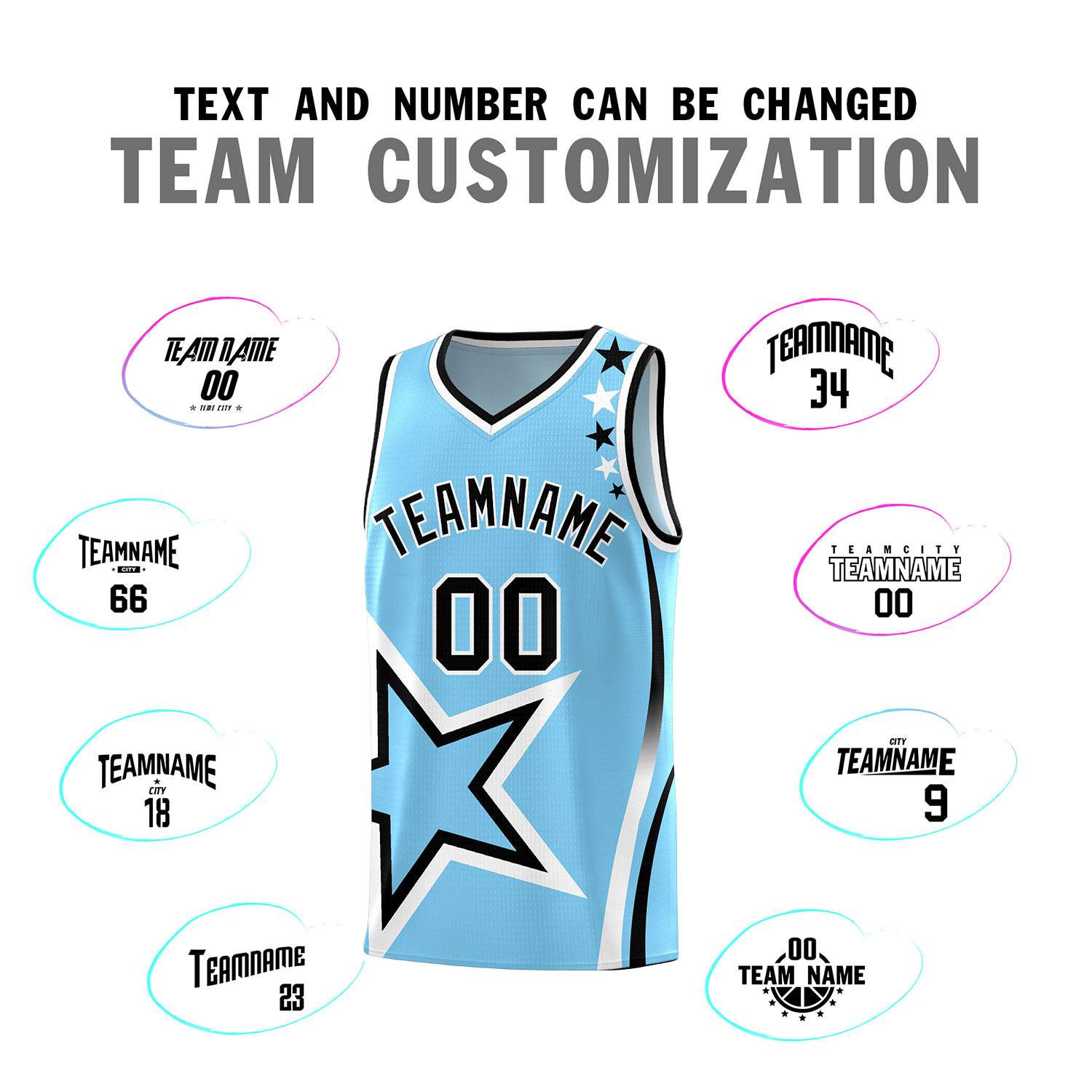 Custom Light Blue Shoulder Stars Graffiti Pattern Sets Basketball Jersey