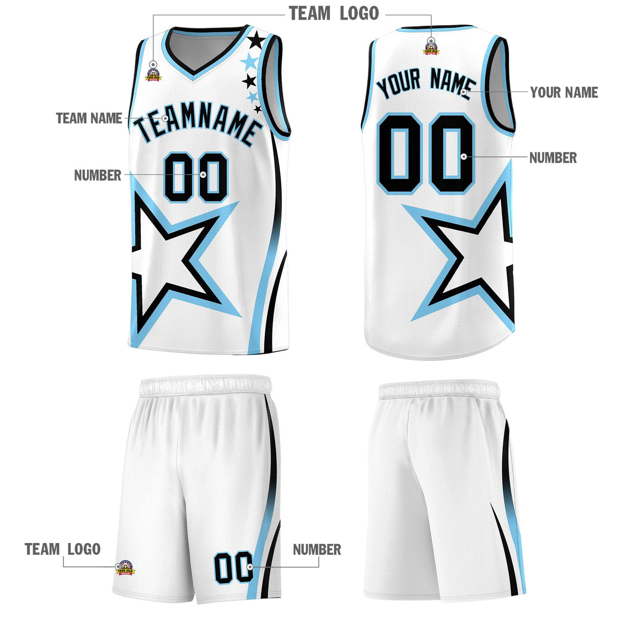 Custom White Shoulder Stars Graffiti Pattern Sets Basketball Jersey