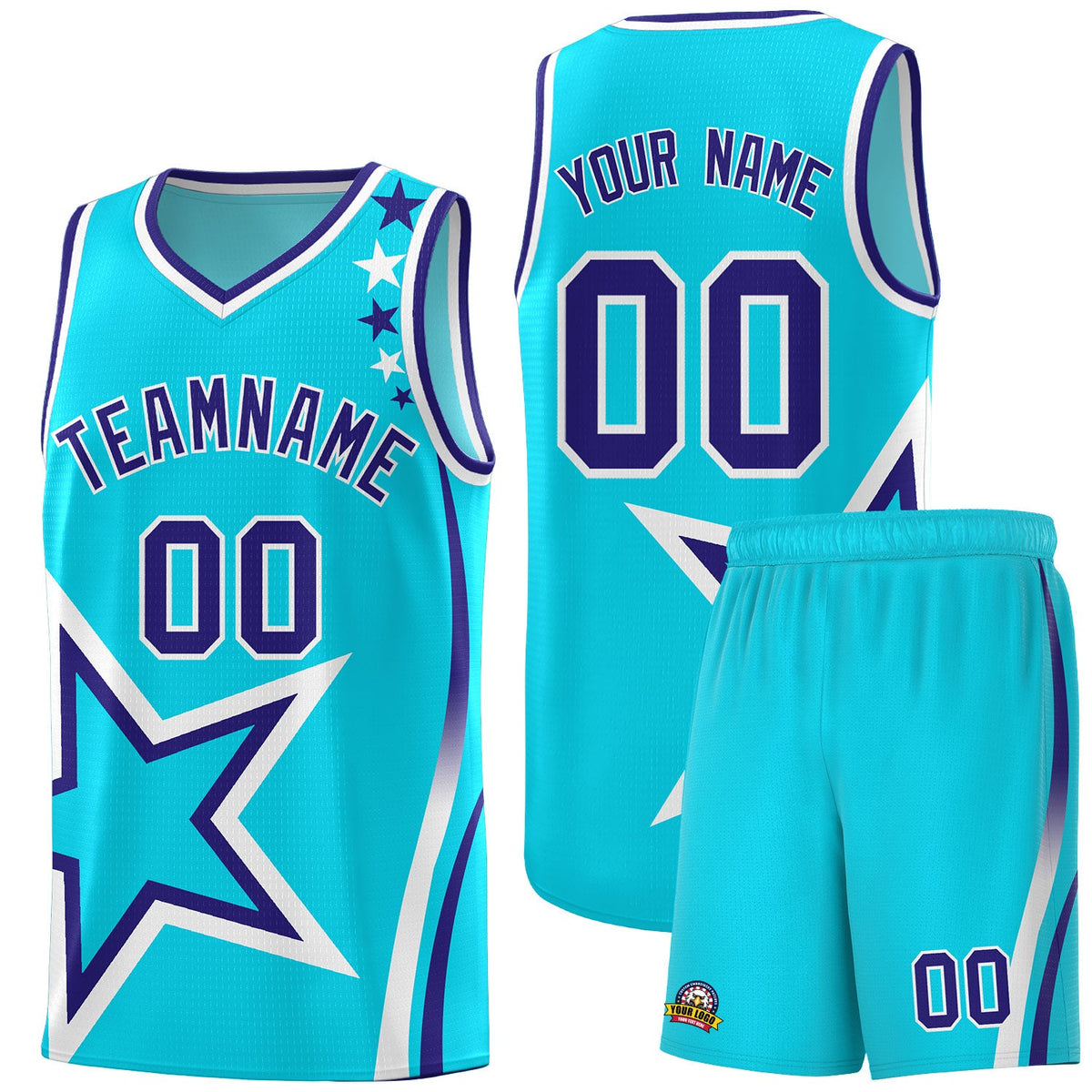 Custom Sky Blue Shoulder Stars Graffiti Pattern Sets Basketball Jersey