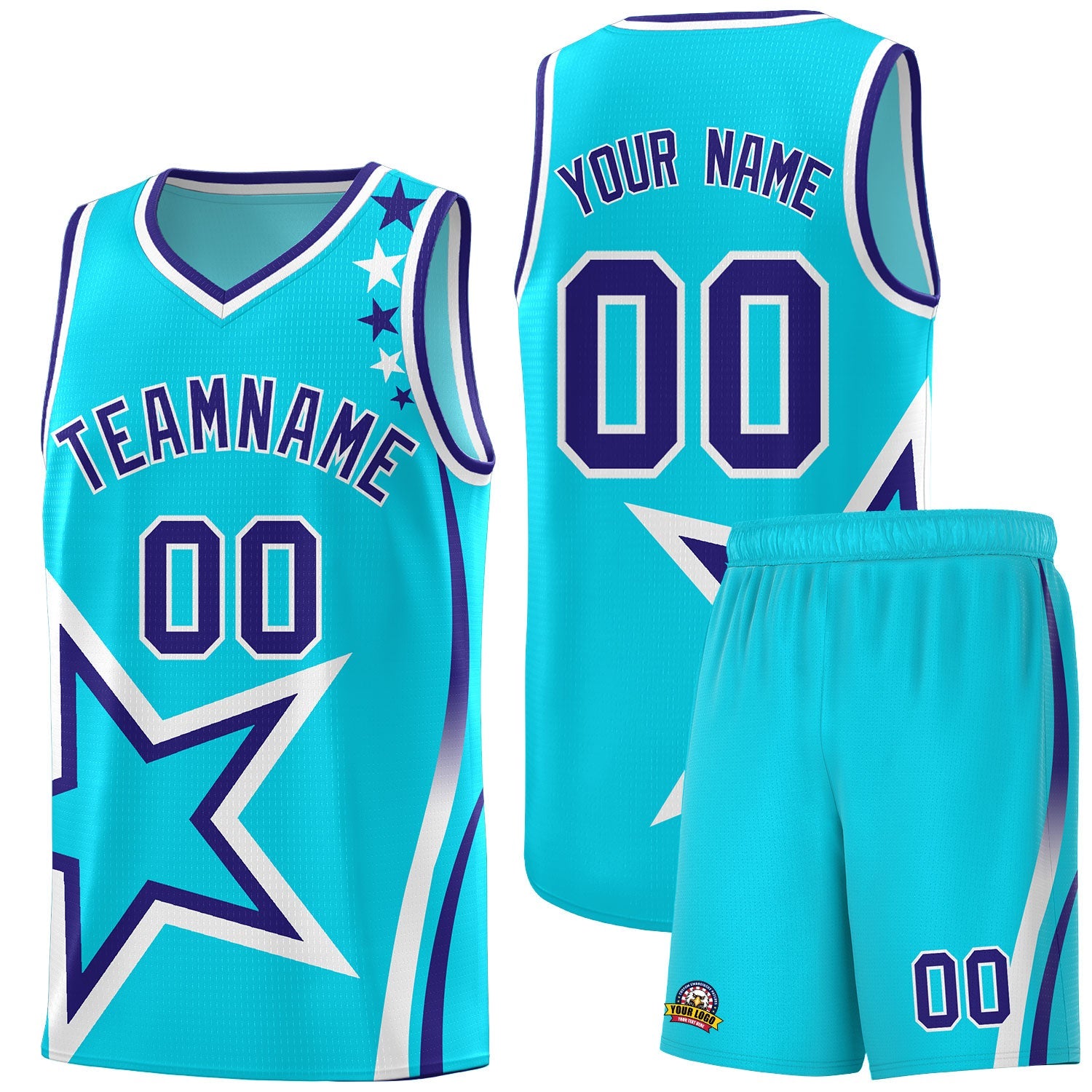 Custom Sky Blue Shoulder Stars Graffiti Pattern Sets Basketball Jersey