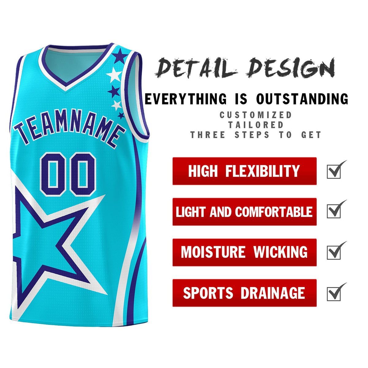 Custom Sky Blue Shoulder Stars Graffiti Pattern Sets Basketball Jersey