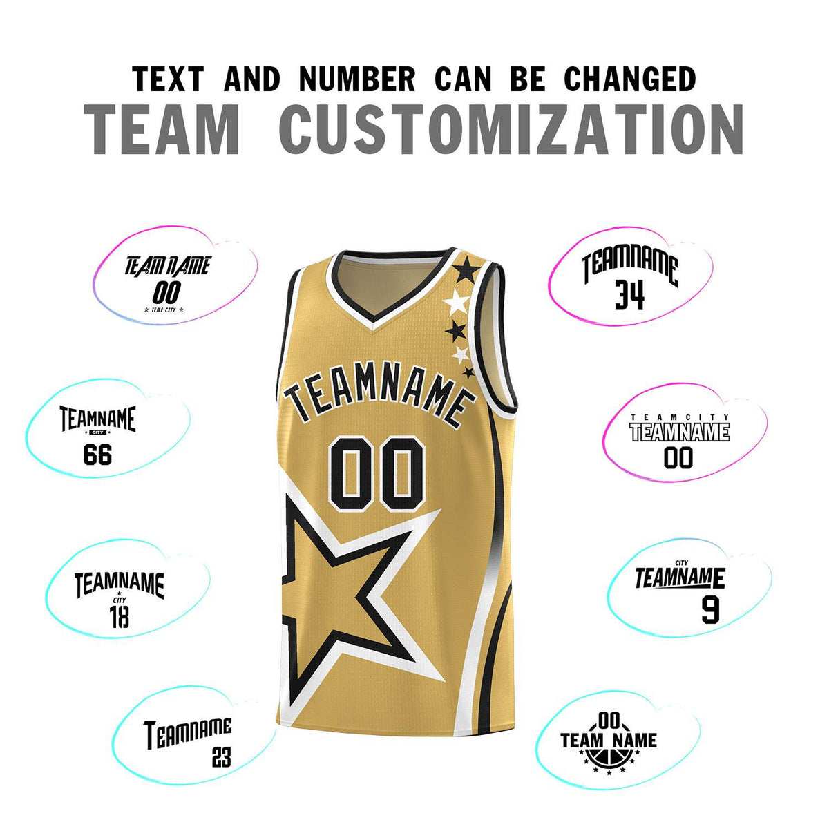 Custom Old Gold Shoulder Stars Graffiti Pattern Sets Basketball Jersey