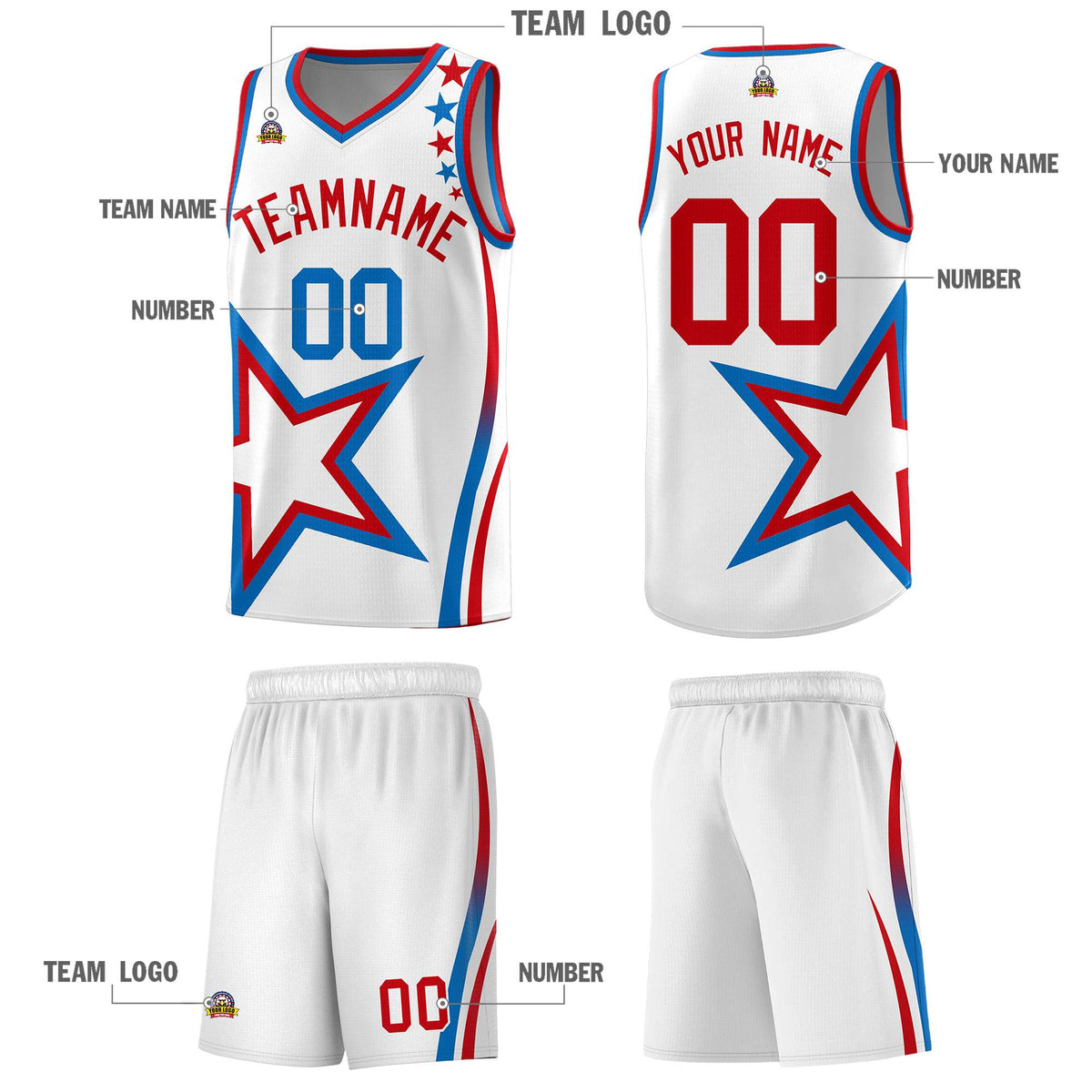 Custom White Shoulder Stars Graffiti Pattern Sets Basketball Jersey