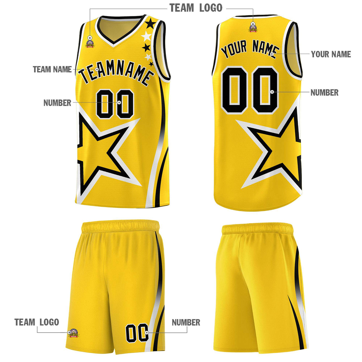 Custom Gold Shoulder Stars Graffiti Pattern Sets Basketball Jersey