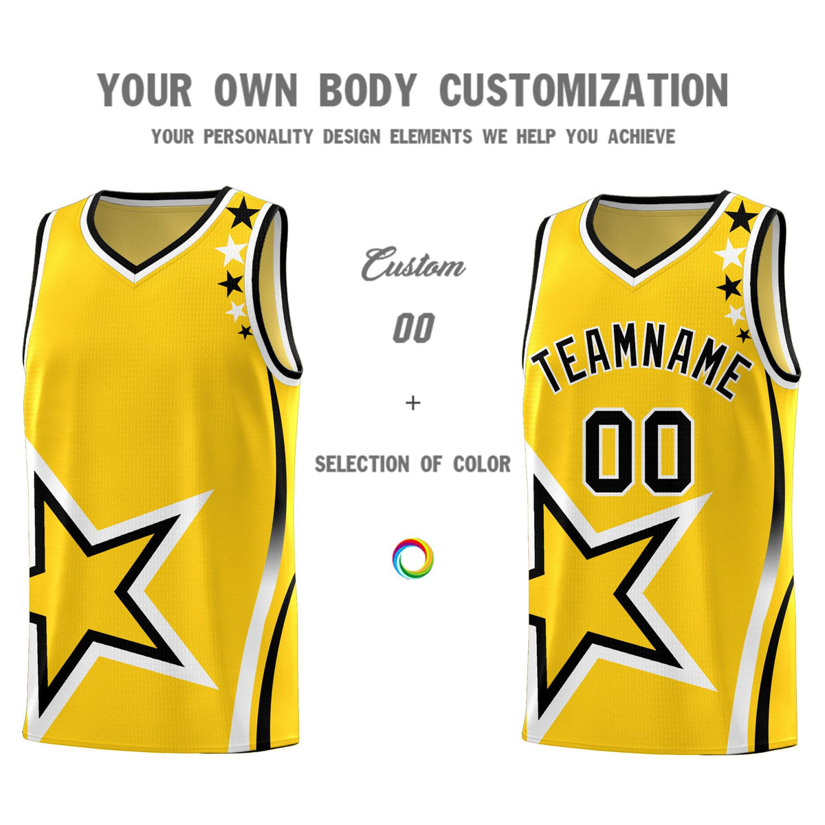 Custom Gold Shoulder Stars Graffiti Pattern Sets Basketball Jersey