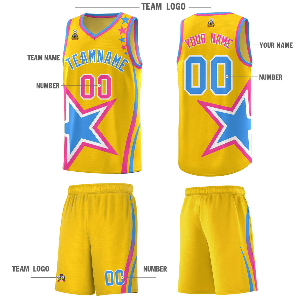 Custom Gold Shoulder Stars Graffiti Pattern Sets Basketball Jersey
