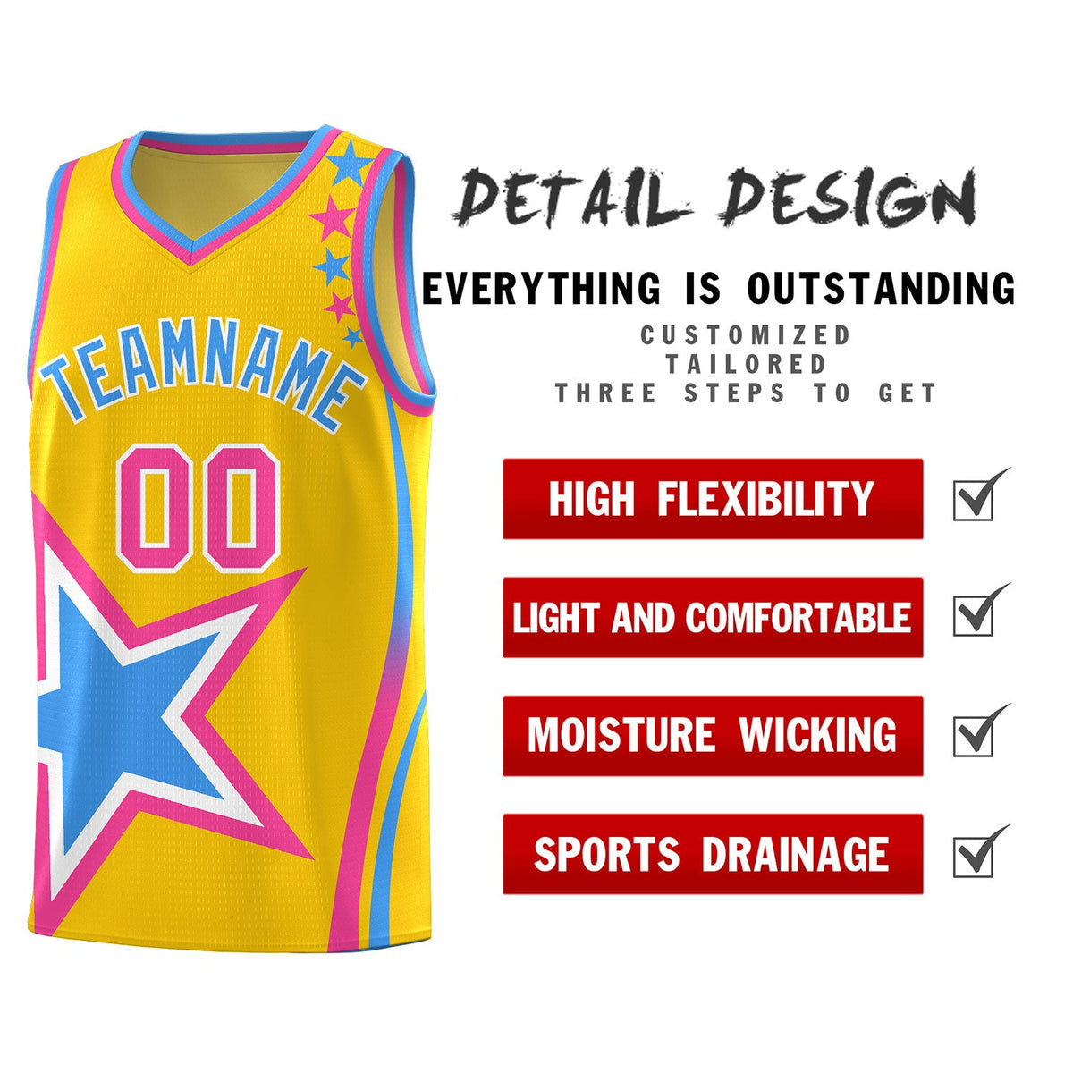 Custom Gold Shoulder Stars Graffiti Pattern Sets Basketball Jersey