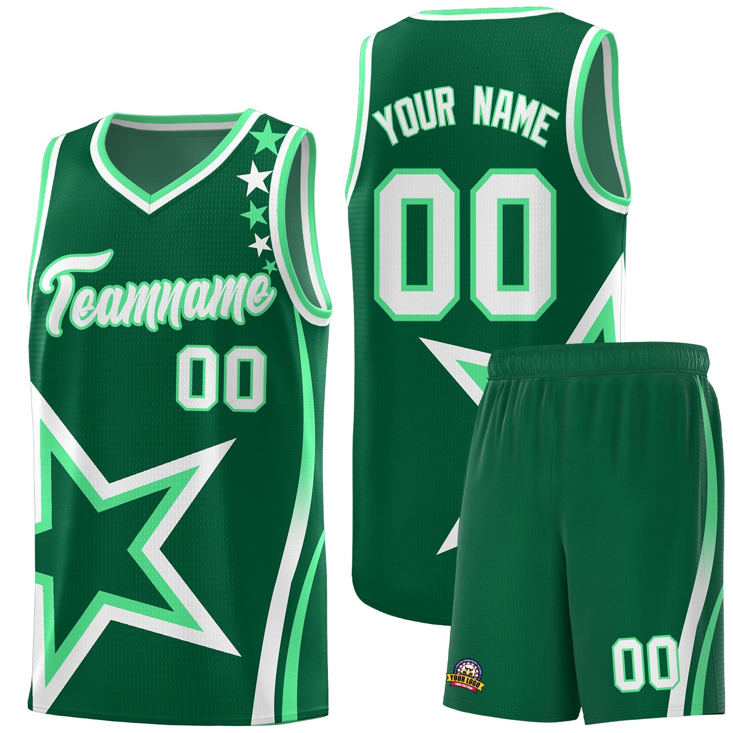 Custom Green Shoulder Stars Graffiti Pattern Sets Basketball Jersey