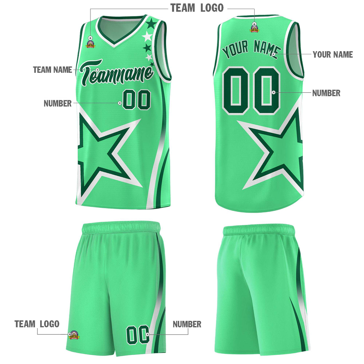Custom Green Shoulder Stars Graffiti Pattern Sets Basketball Jersey