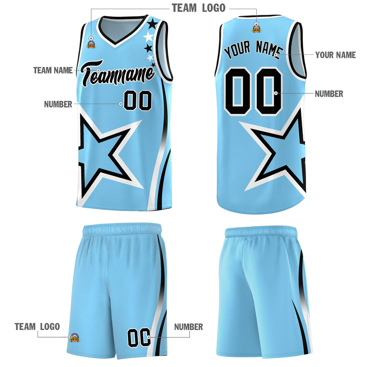 Custom Light Blue Shoulder Stars Graffiti Pattern Sets Basketball Jersey
