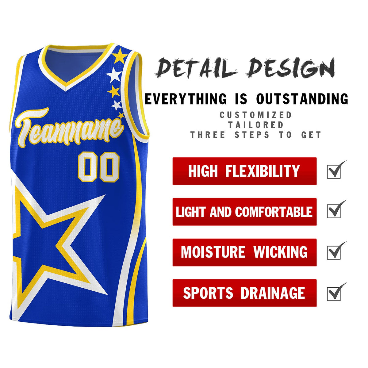 Custom Royal Shoulder Stars Graffiti Pattern Sets Basketball Jersey
