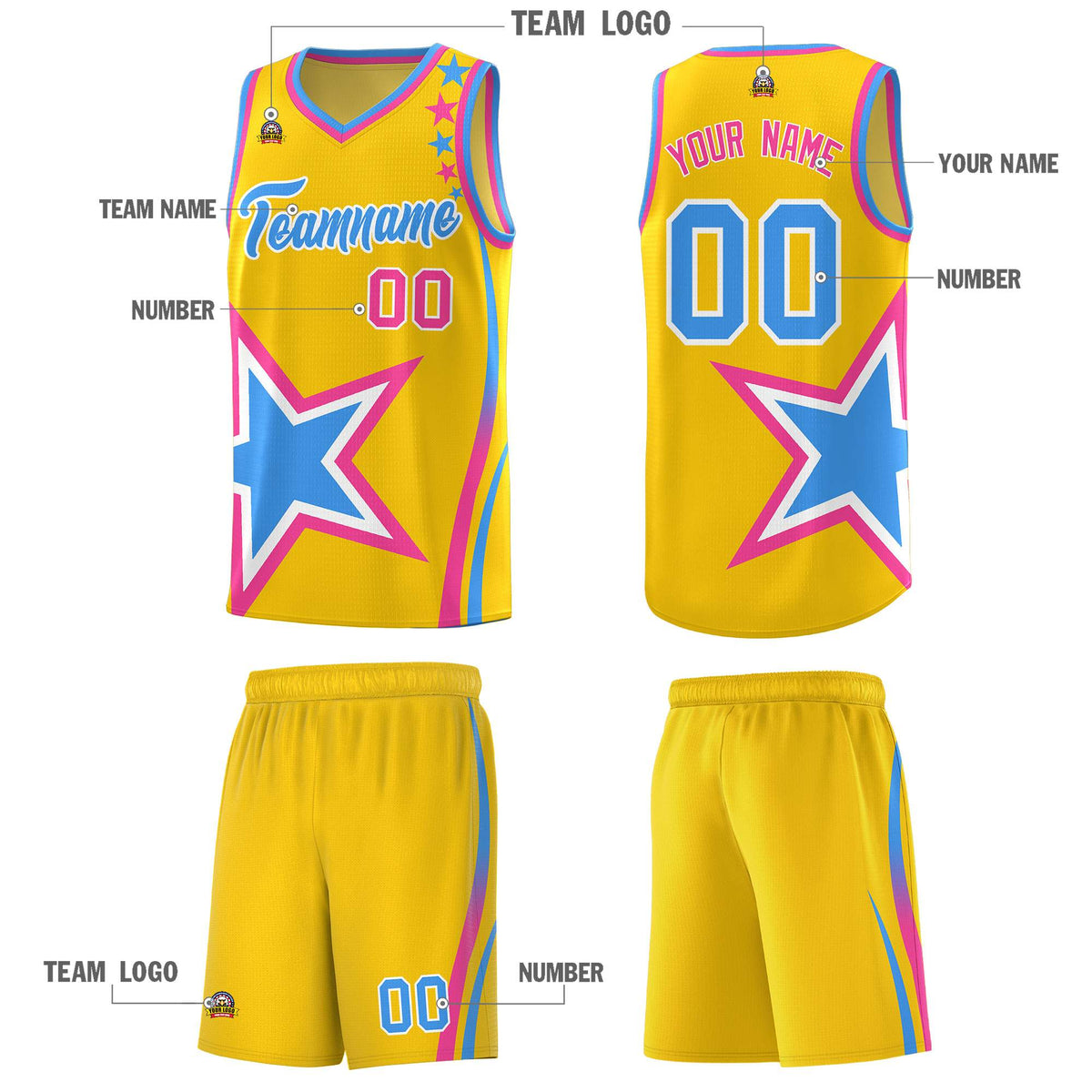 Custom Gold Shoulder Stars Graffiti Pattern Sets Basketball Jersey