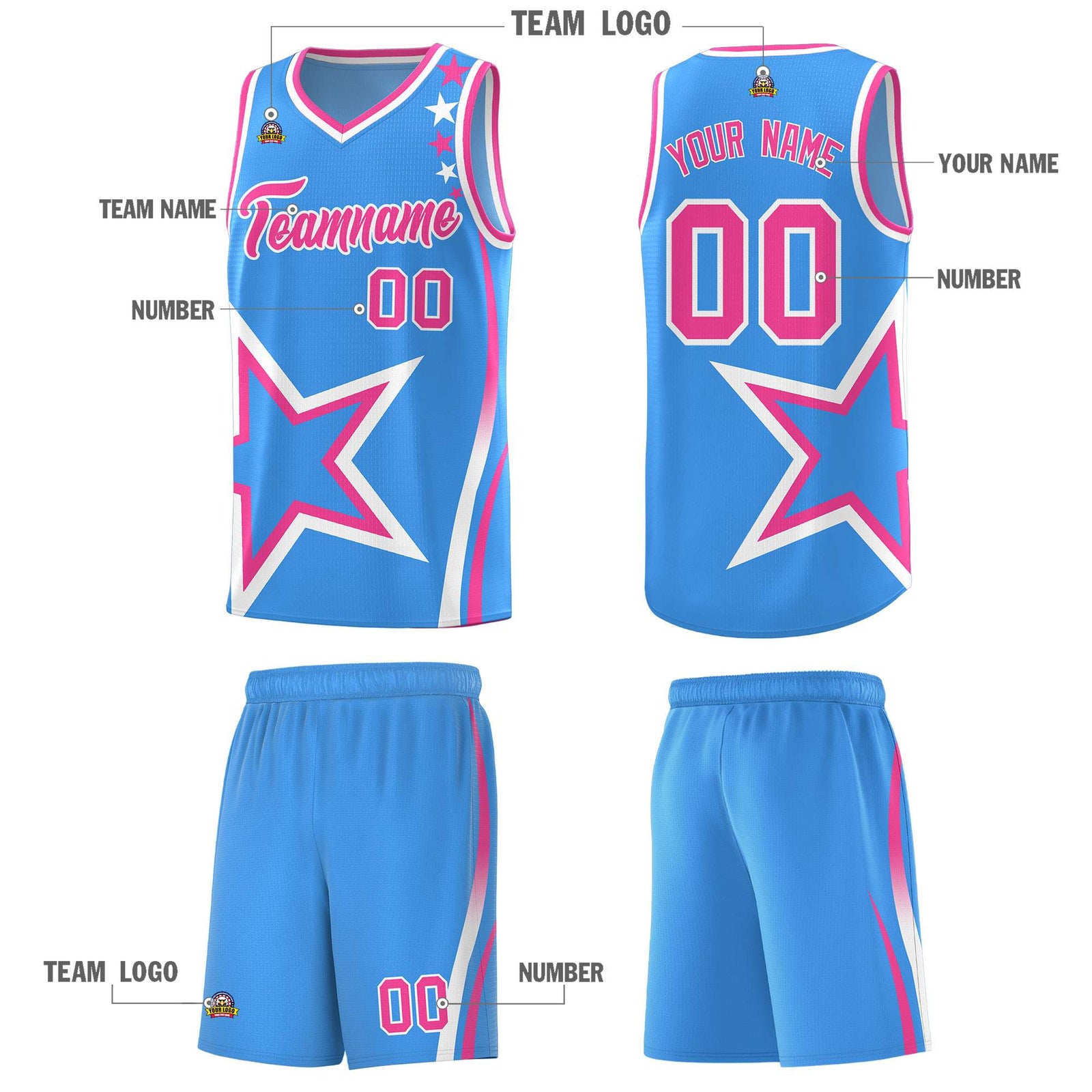 Custom Light Blue Shoulder Stars Graffiti Pattern Sets Basketball Jersey