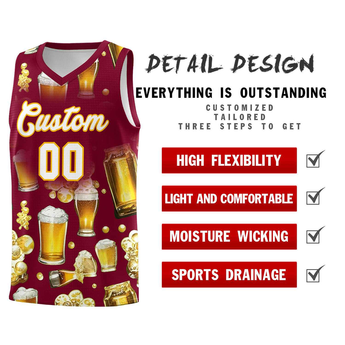 Custom Crimson National Beer Day Personalized Beer Bubble Basketball Jersey | Perfect for parties | Dye-sublimation printing | KXKSHOP