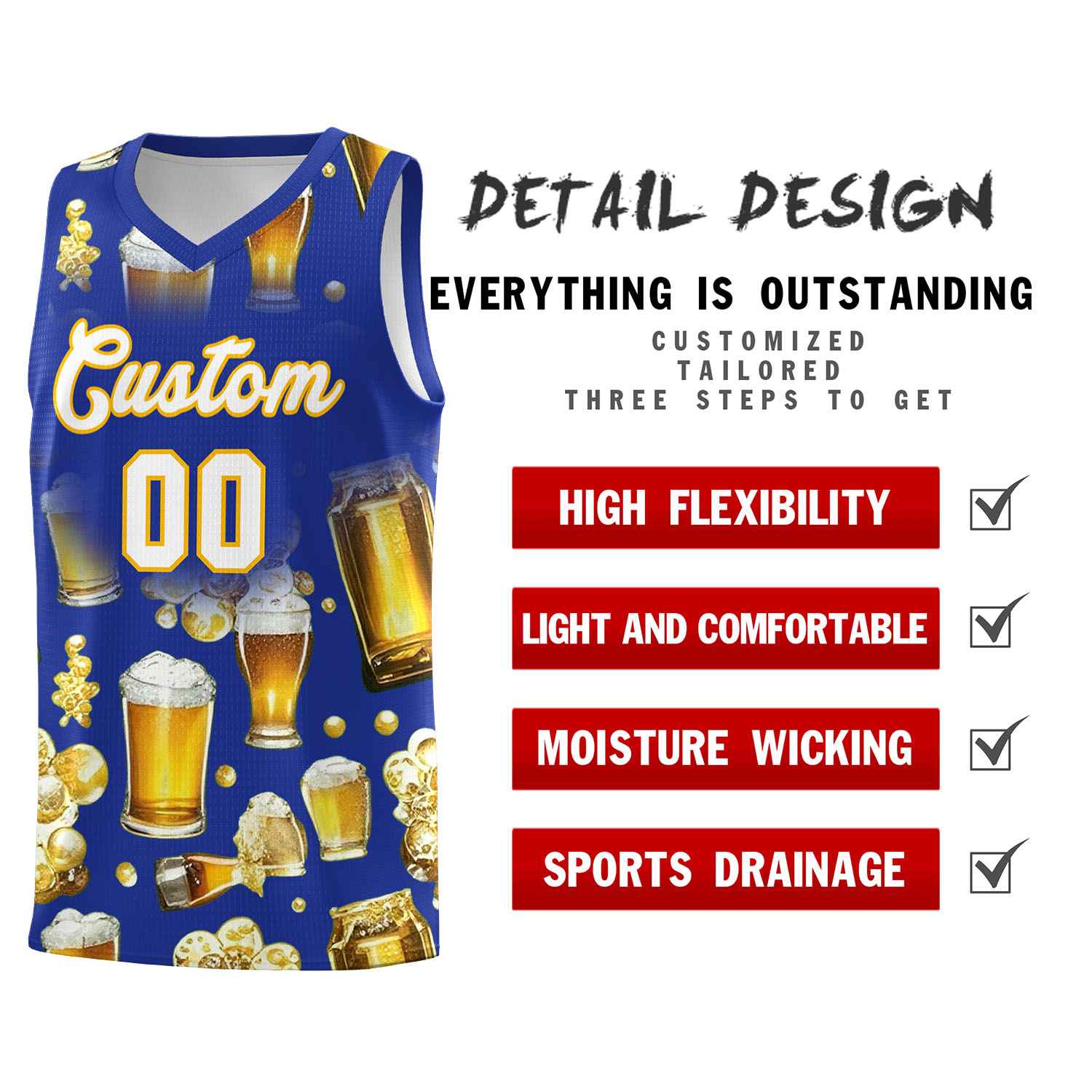 Custom Royal Blue National Beer Day Personalized Beer Bubble Basketball Jersey | Perfect for parties | Dye-sublimation printing | KXKSHOP
