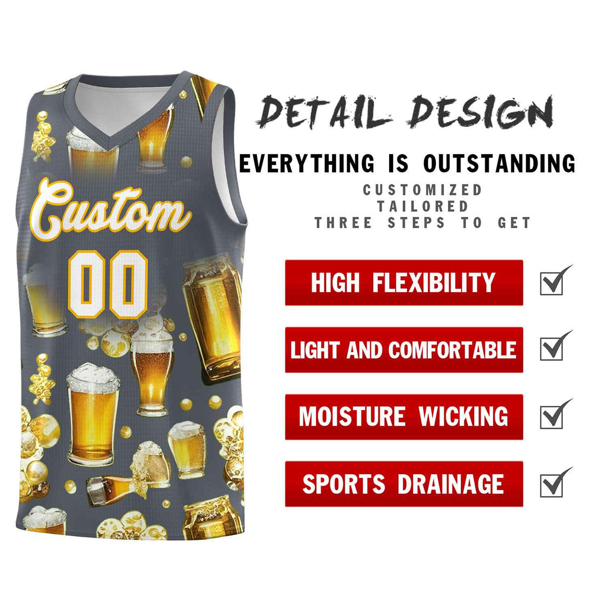 Custom Gray National Beer Day Personalized Beer Bubble Basketball Jersey | Perfect for parties | Dye-sublimation printing | KXKSHOP