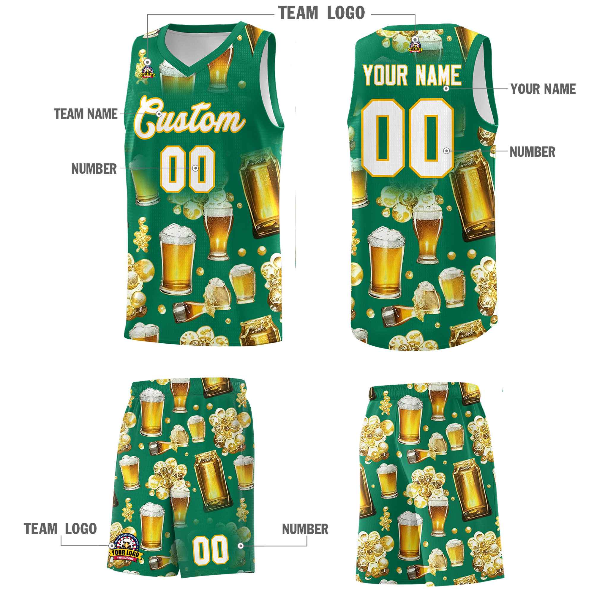 Custom Kelly Green National Beer Day Personalized Beer Bubble Basketball Jersey | Perfect for parties | Dye-sublimation printing | KXKSHOP