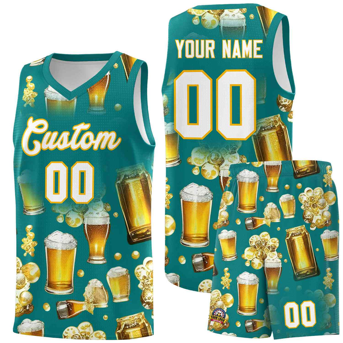 Custom Teal National Beer Day Personalized Beer Bubble Basketball Jersey | Perfect for parties | Dye-sublimation printing | KXKSHOP