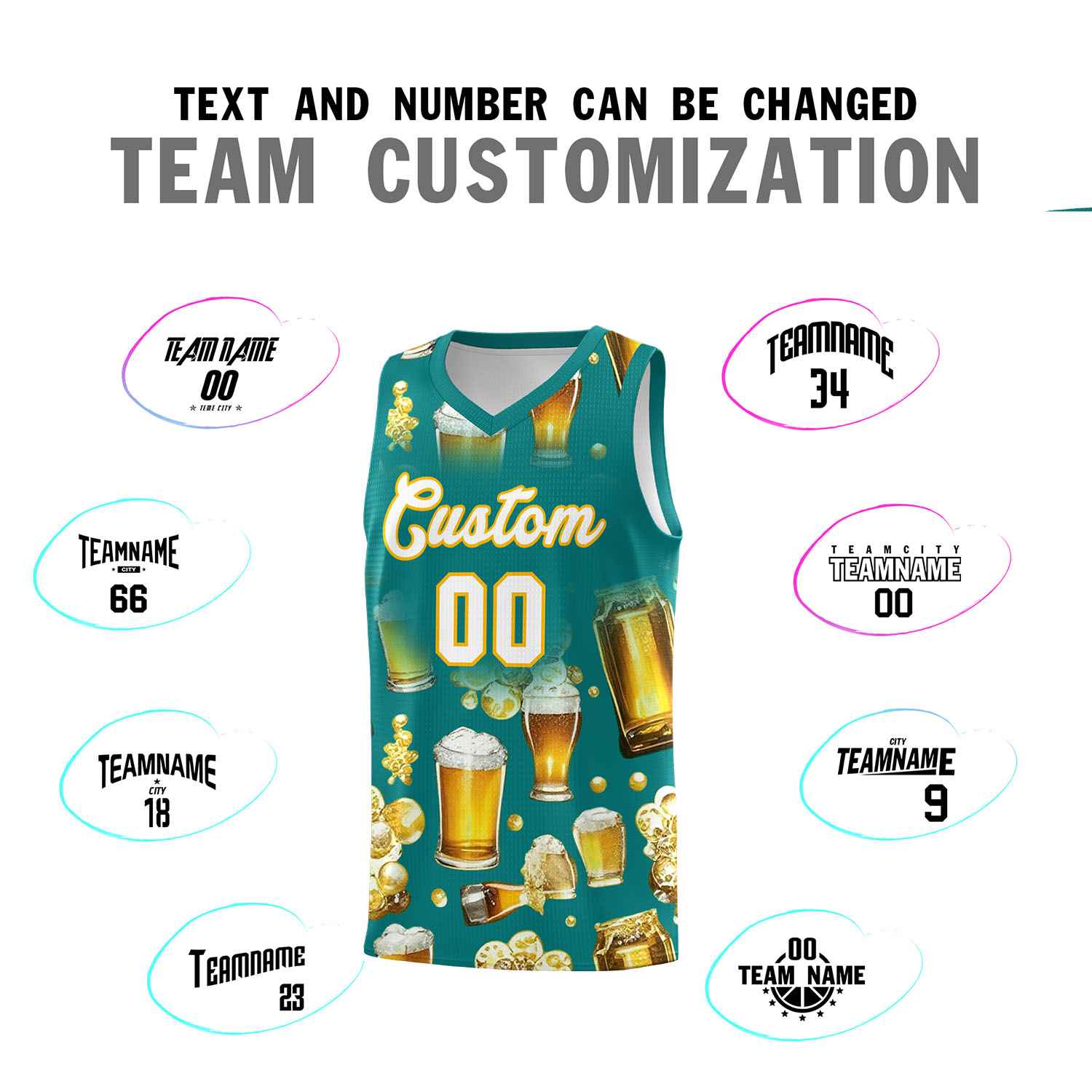 Custom Teal National Beer Day Personalized Beer Bubble Basketball Jersey | Perfect for parties | Dye-sublimation printing | KXKSHOP