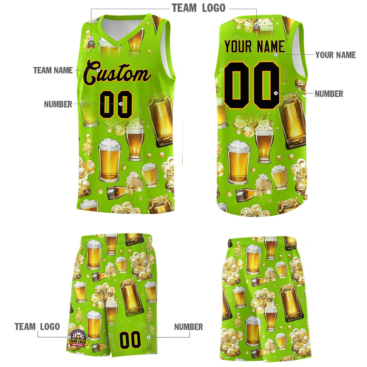 Custom Neon Green National Beer Day Personalized Beer Bubble Basketball Jersey | Perfect for parties | Dye-sublimation printing | KXKSHOP