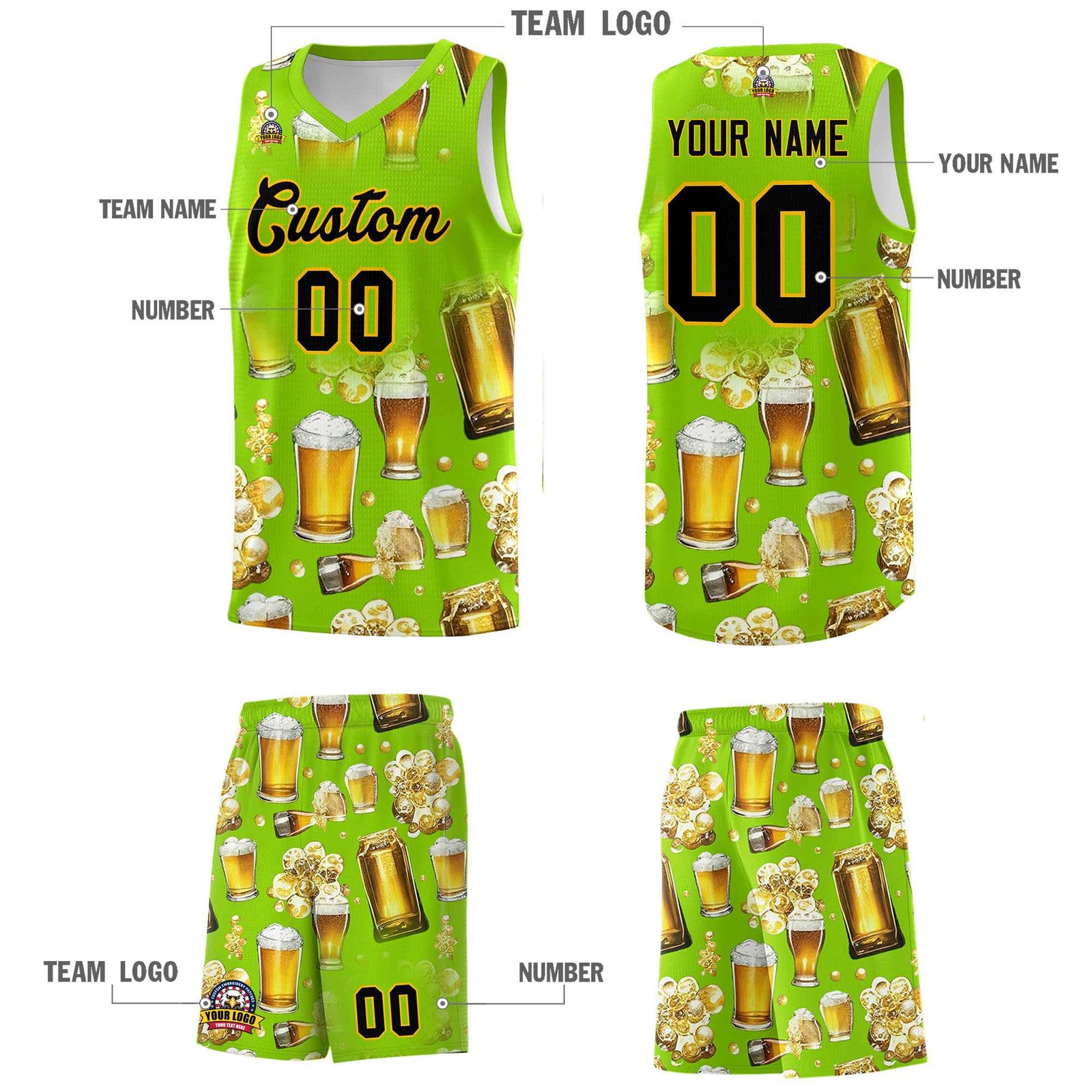 Custom Neon Green National Beer Day Personalized Beer Bubble Basketball Jersey | Perfect for parties | Dye-sublimation printing | KXKSHOP