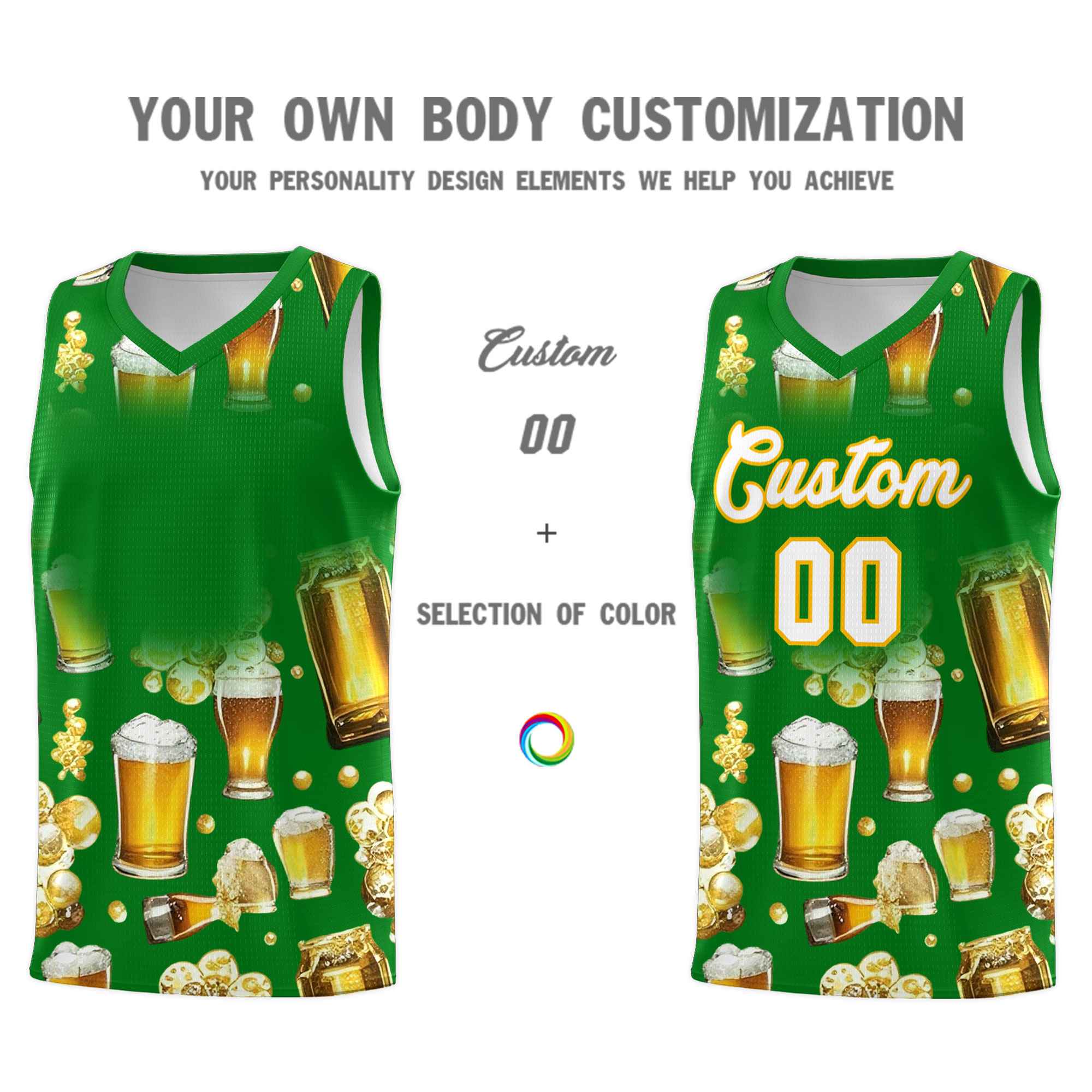 Custom Kelly Green-02 National Beer Day Personalized Beer Bubble Basketball Jersey | Perfect for parties | Dye-sublimation printing | KXKSHOP