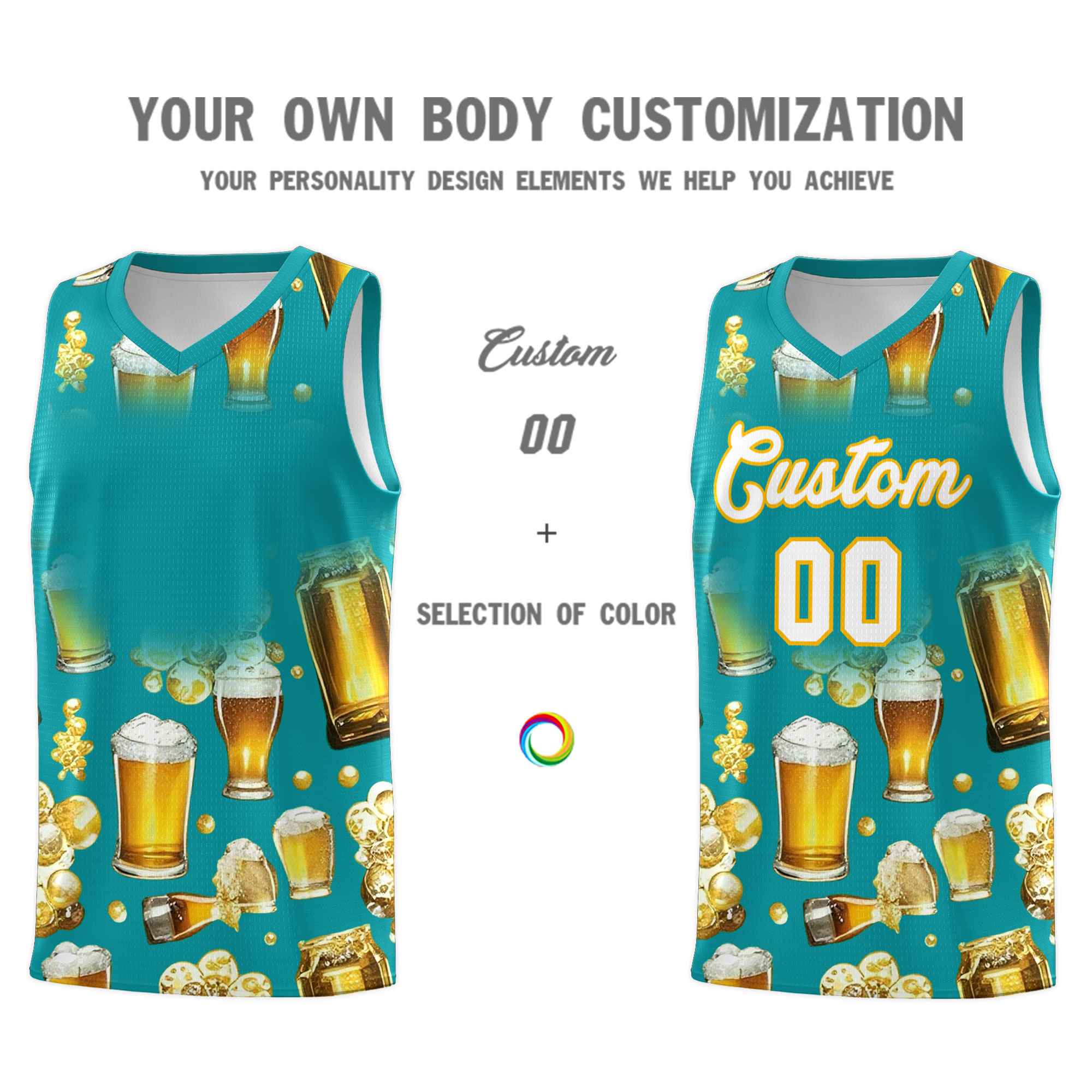 Custom Teal National Beer Day Personalized Beer Bubble Basketball Jersey | Perfect for parties | Dye-sublimation printing | KXKSHOP