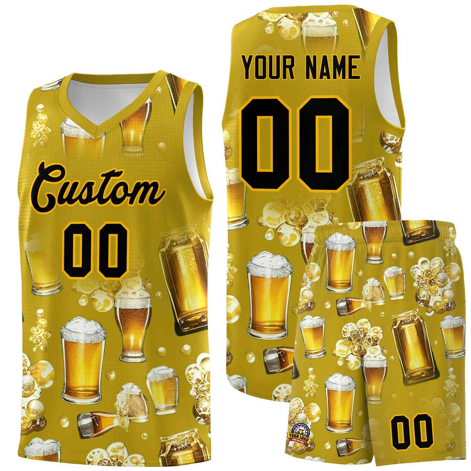 Custom Old Gold National Beer Day Personalized Beer Bubble Basketball Jersey | Perfect for parties | Dye-sublimation printing | KXKSHOP
