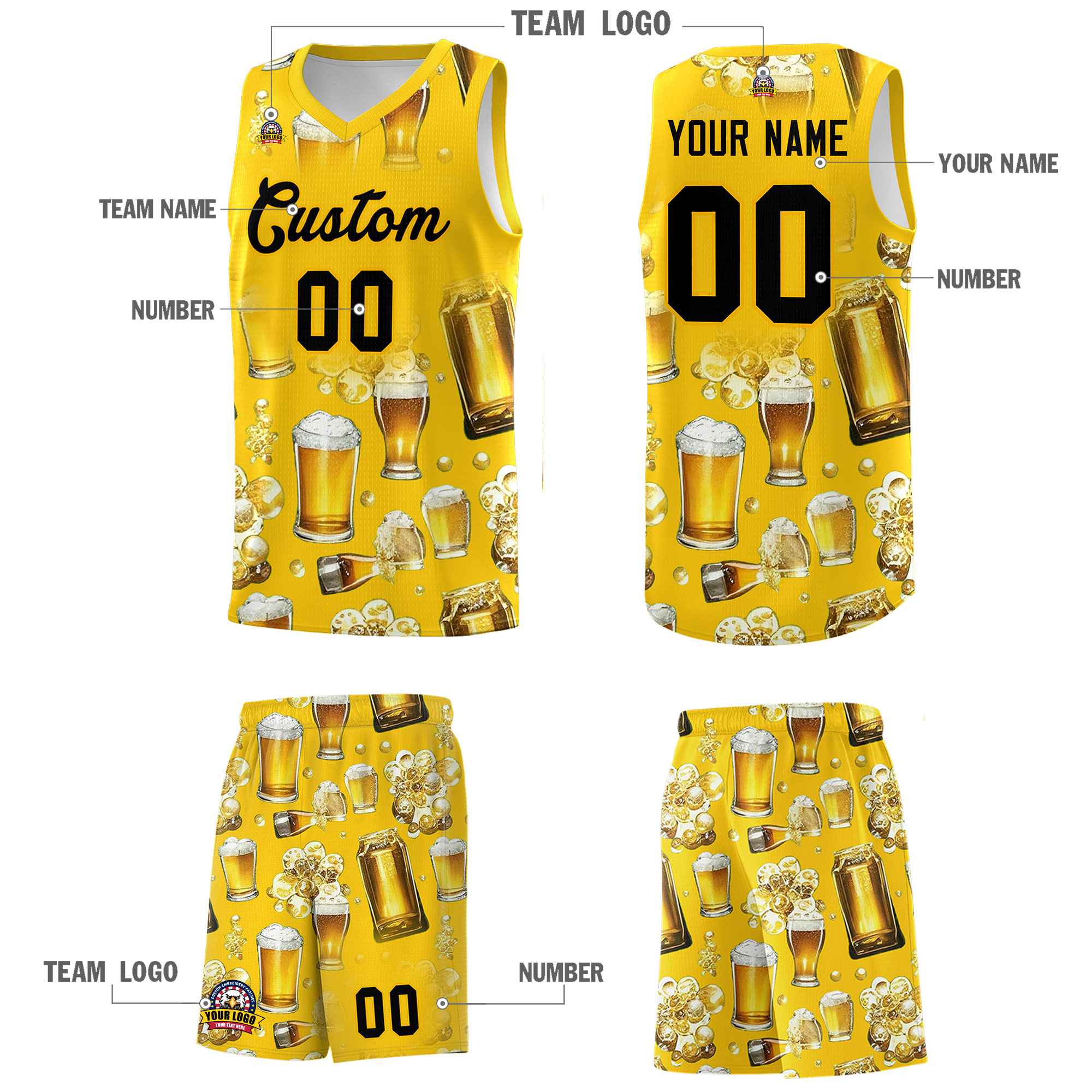 Custom Gold National Beer Day Personalized Beer Bubble Basketball Jersey | Perfect for parties | Dye-sublimation printing | KXKSHOP