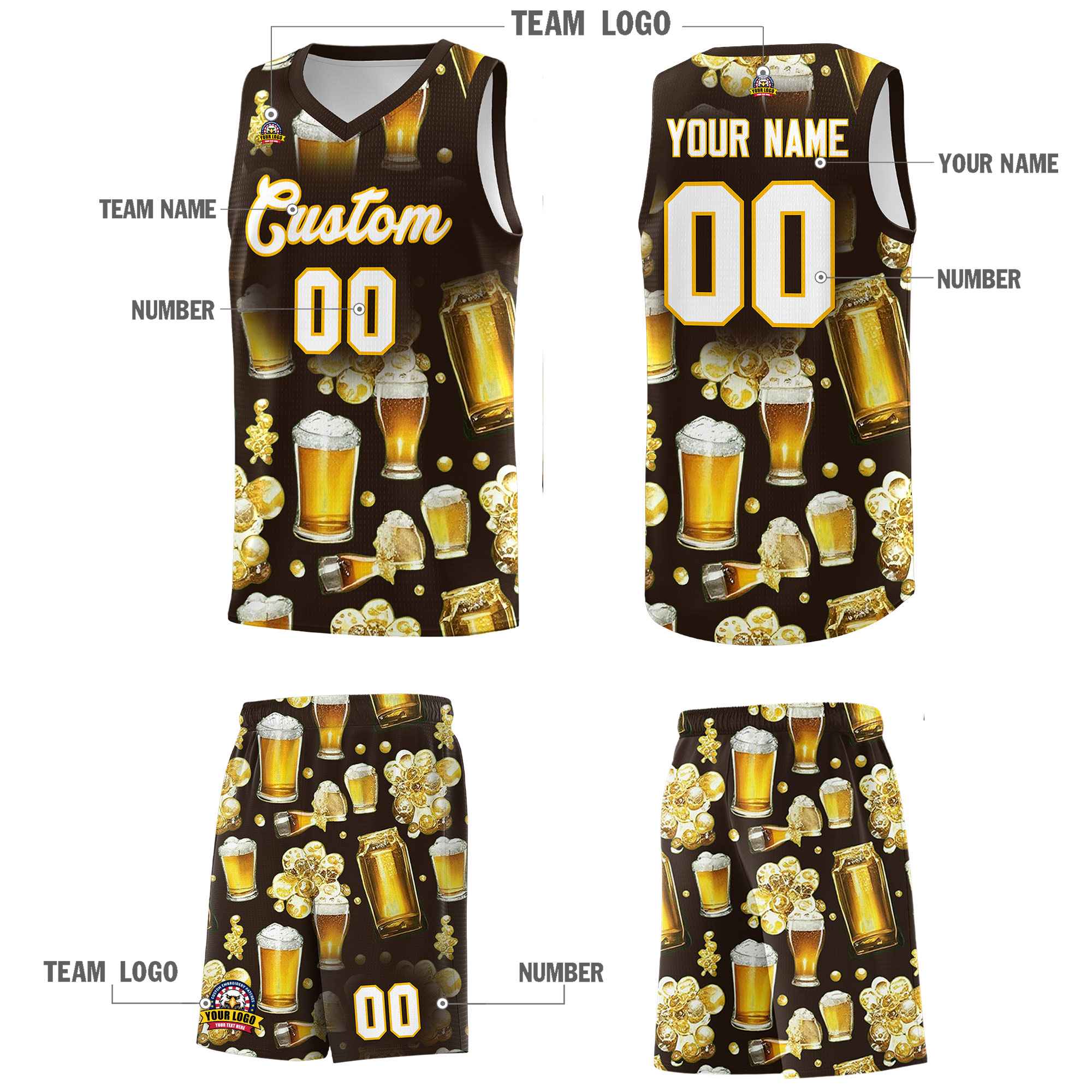 Custom Brown National Beer Day Personalized Beer Bubble Basketball Jersey | Perfect for parties | Dye-sublimation printing | KXKSHOP
