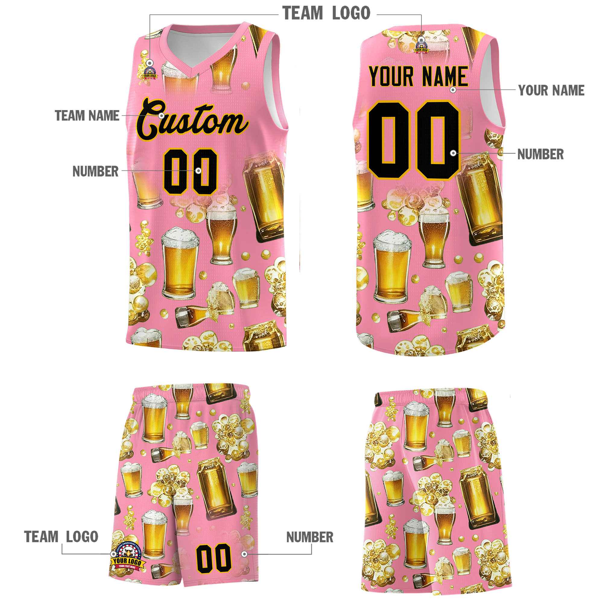 Custom Light Pink National Beer Day Personalized Beer Bubble Basketball Jersey | Perfect for parties | Dye-sublimation printing | KXKSHOP
