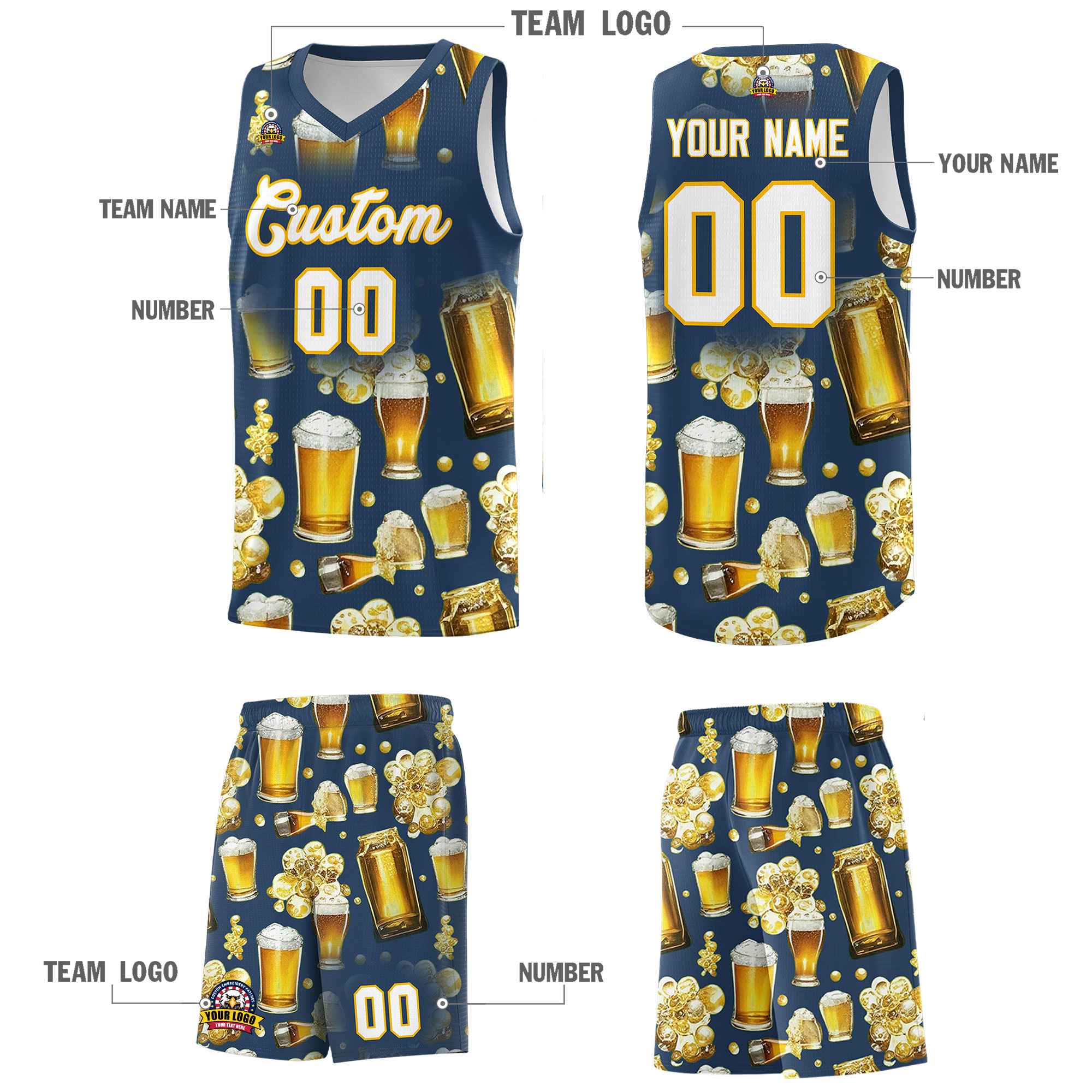 Custom Midnight Blue National Beer Day Personalized Beer Bubble Basketball Jersey | Perfect for parties | Dye-sublimation printing | KXKSHOP