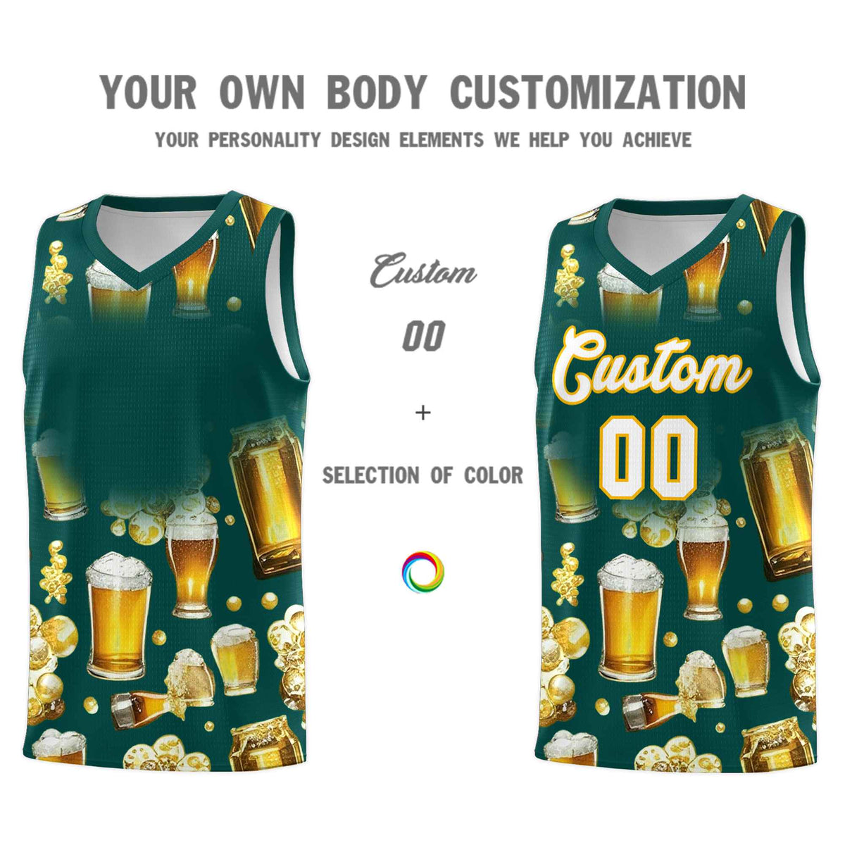 Custom Midnight Green National Beer Day Personalized Beer Bubble Basketball Jersey | Perfect for parties | Dye-sublimation printing | KXKSHOP