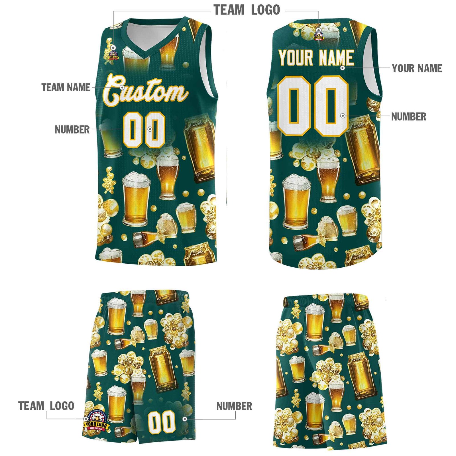 Custom Midnight Green National Beer Day Personalized Beer Bubble Basketball Jersey | Perfect for parties | Dye-sublimation printing | KXKSHOP