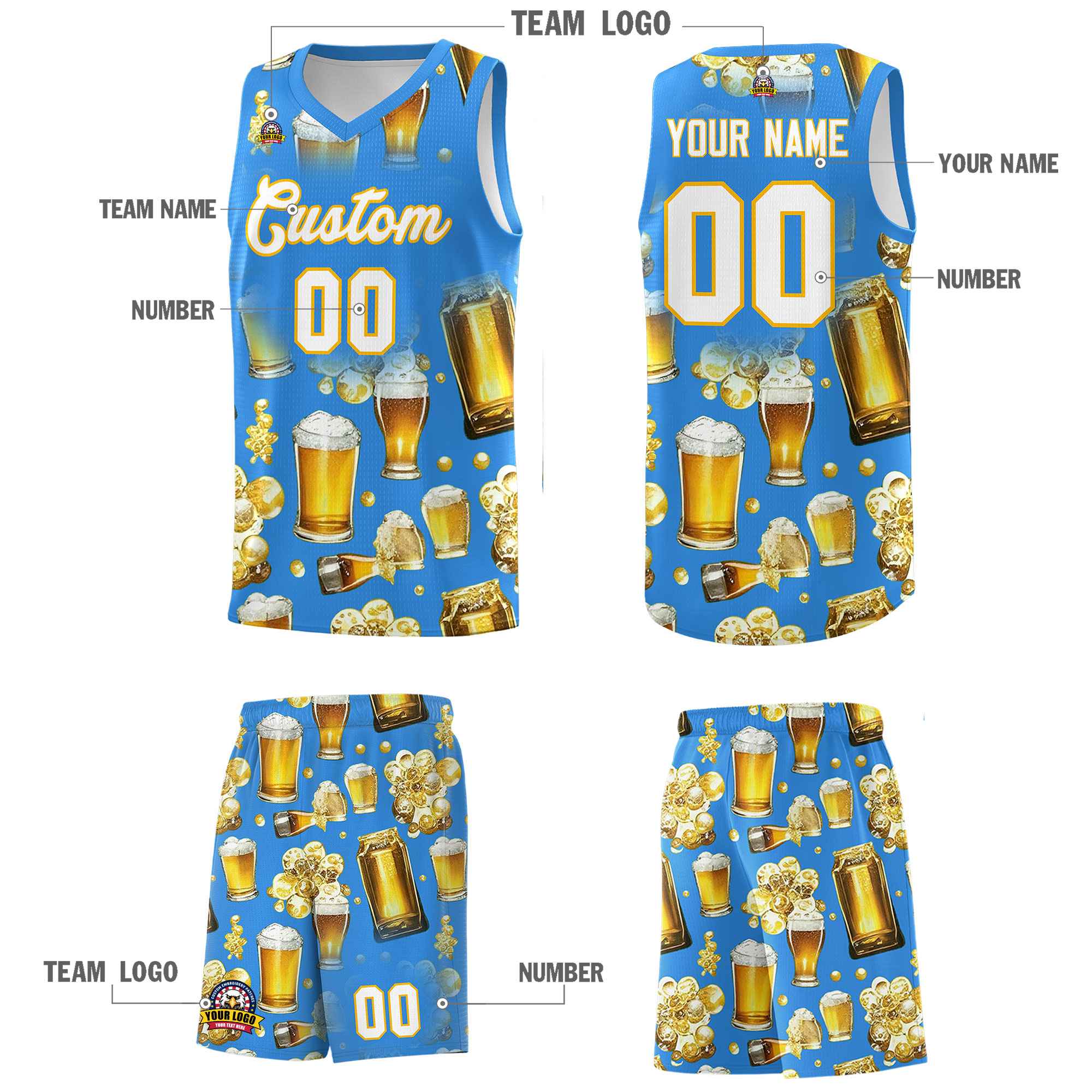Custom Light Blue National Beer Day Personalized Beer Bubble Basketball Jersey | Perfect for parties | Dye-sublimation printing | KXKSHOP