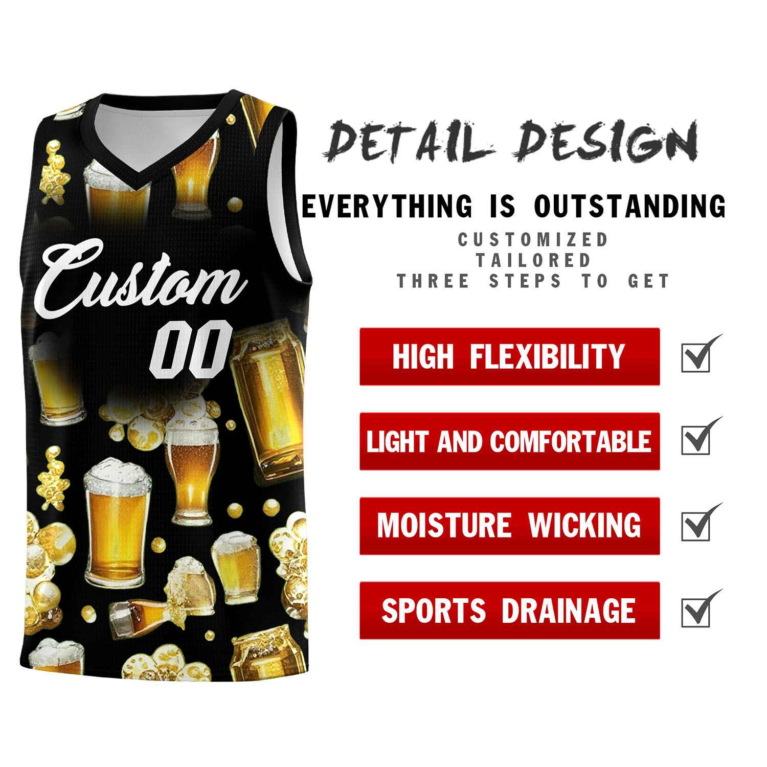 Custom Black National Beer Day Personalized Beer Bubble Basketball Jersey | Perfect for parties | Dye-sublimation printing | KXKSHOP