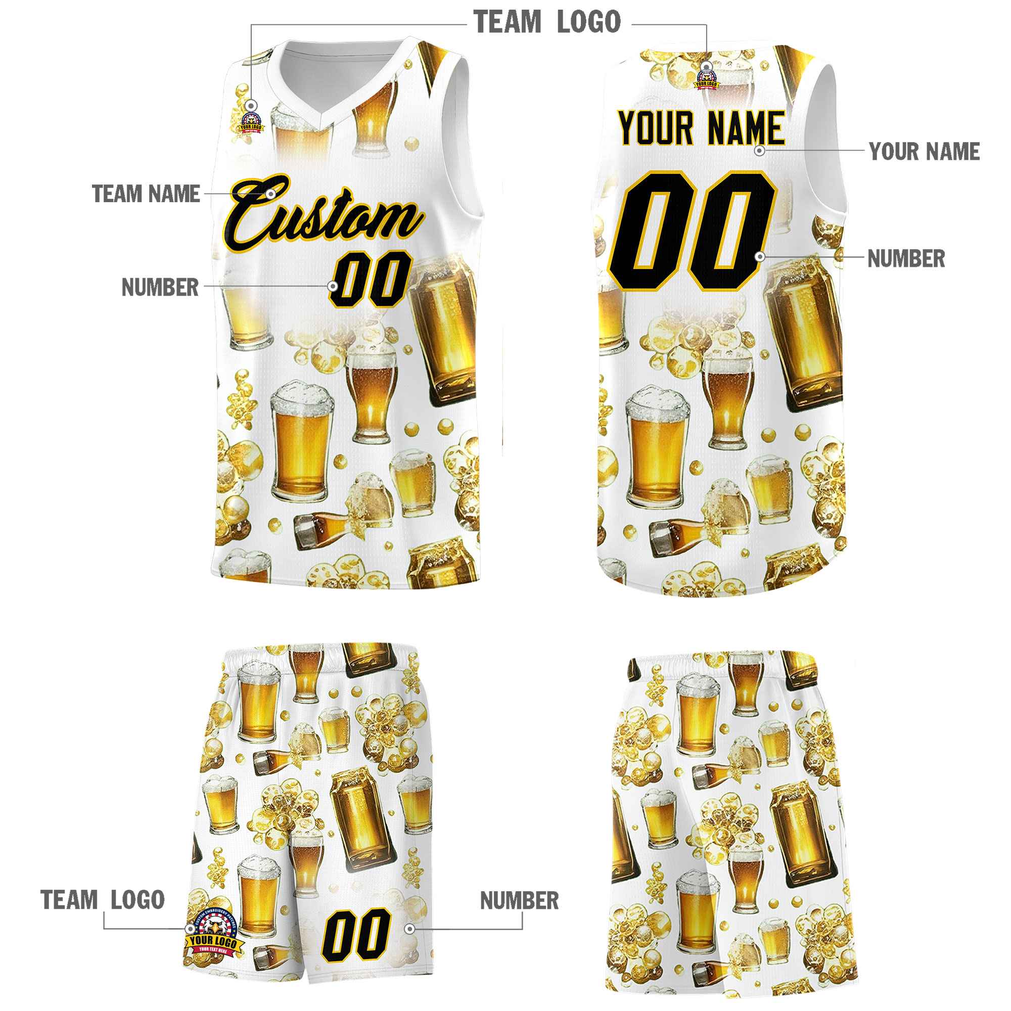 Custom White National Beer Day Personalized Beer Bubble Basketball Jersey | Perfect for parties | Dye-sublimation printing | KXKSHOP