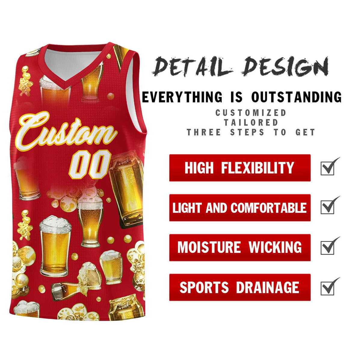 Custom Red National Beer Day Personalized Beer Bubble Basketball Jersey | Perfect for parties | Dye-sublimation printing | KXKSHOP